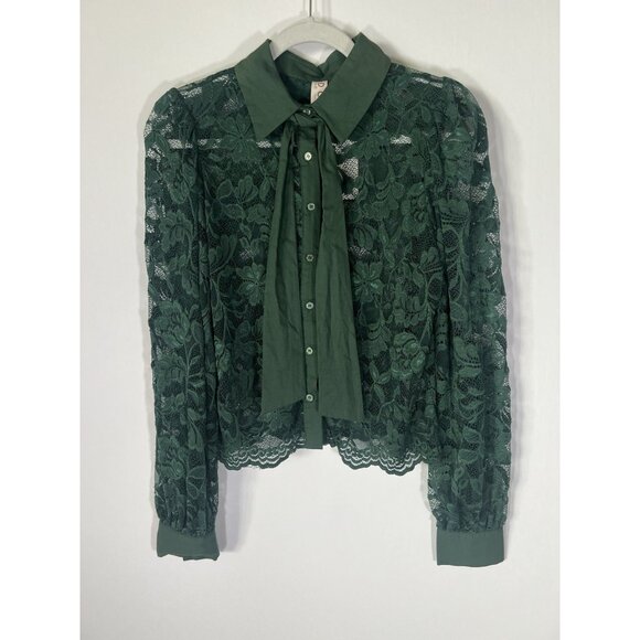 NEW Dolan forest green lace sheer cropped blouse tie Wednesday Adams fairy glam - Picture 1 of 11